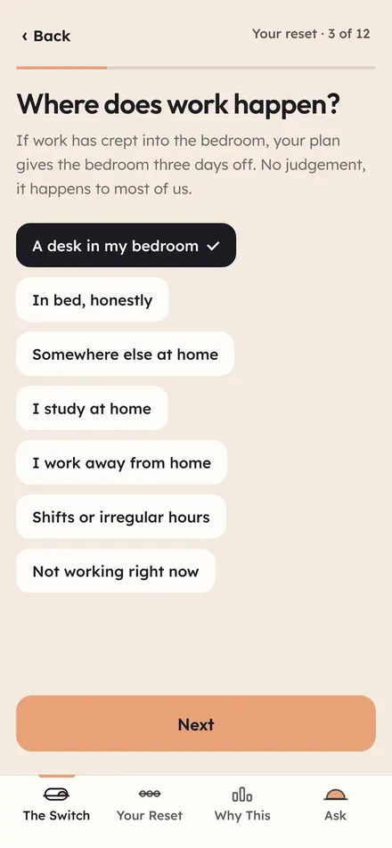 App screen asking where work happens, with answer choices