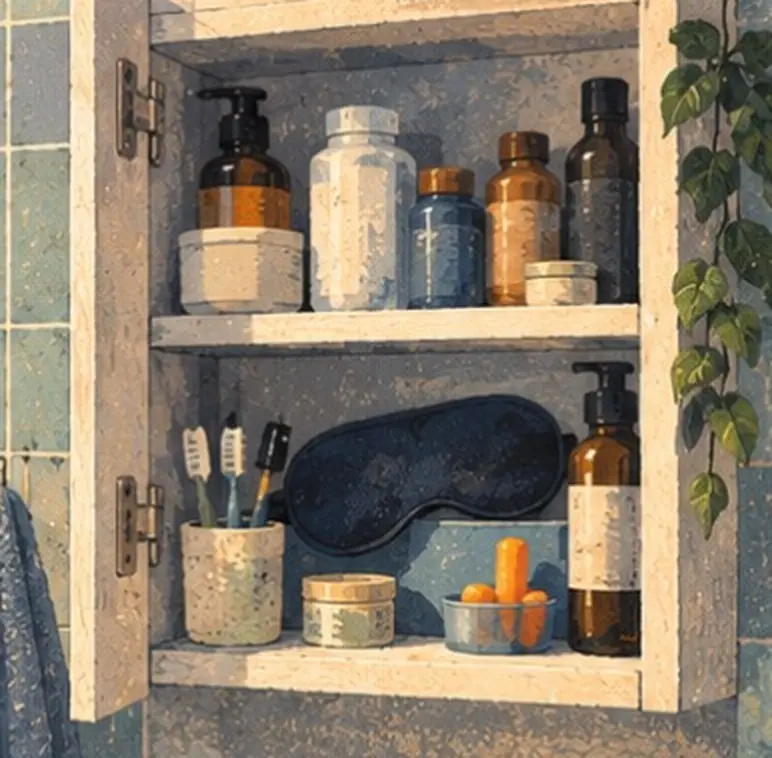 Painting of an open bathroom cabinet with bottles, a sleep mask and earplugs