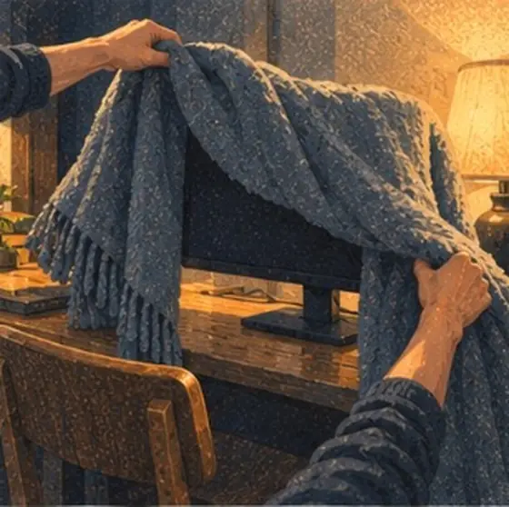Painting of hands draping a blanket over a desk