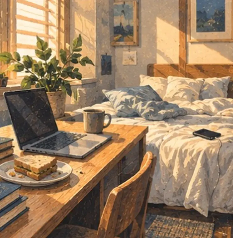Painting of one small room holding a bed, a desk, an open laptop and a plate